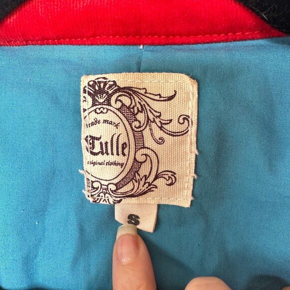 Tulle Red Corduroy Turquoise Lined Foldover Collar Jacket 3/4 Sleeves S - Picture 9 of 15